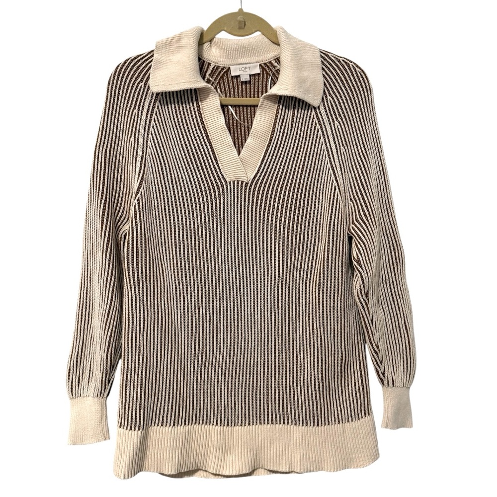 Loft outlet Long Sleeve Henley‎ V Neck Sweater Textured Brown Cream Size Small